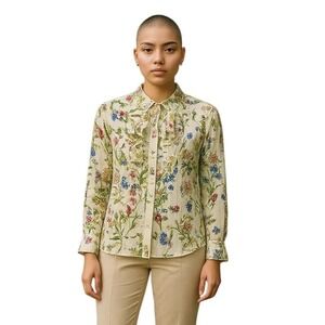 HM Floral Ruffle Button Down Blouse Cream Botanical Long Sleeve Shirt Size 8